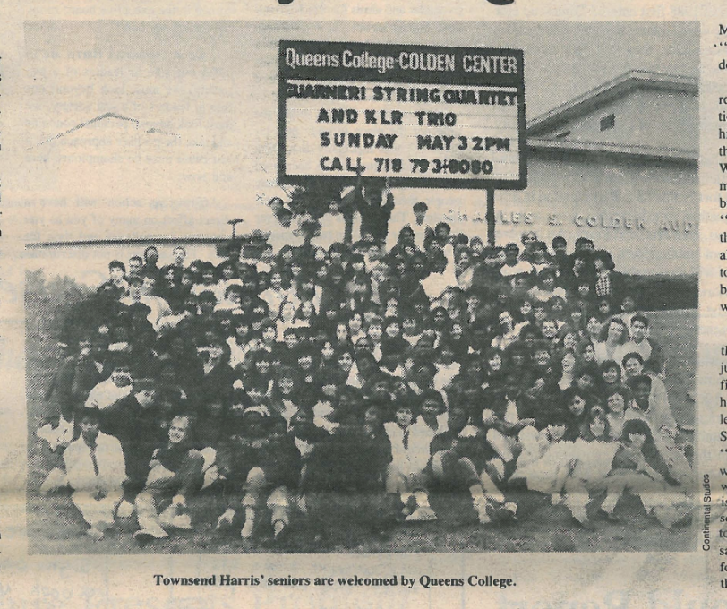 The image from the June 1987 edition of The Classic. The original caption: "Townsend Harris' seniors are welcomed by Queens College."